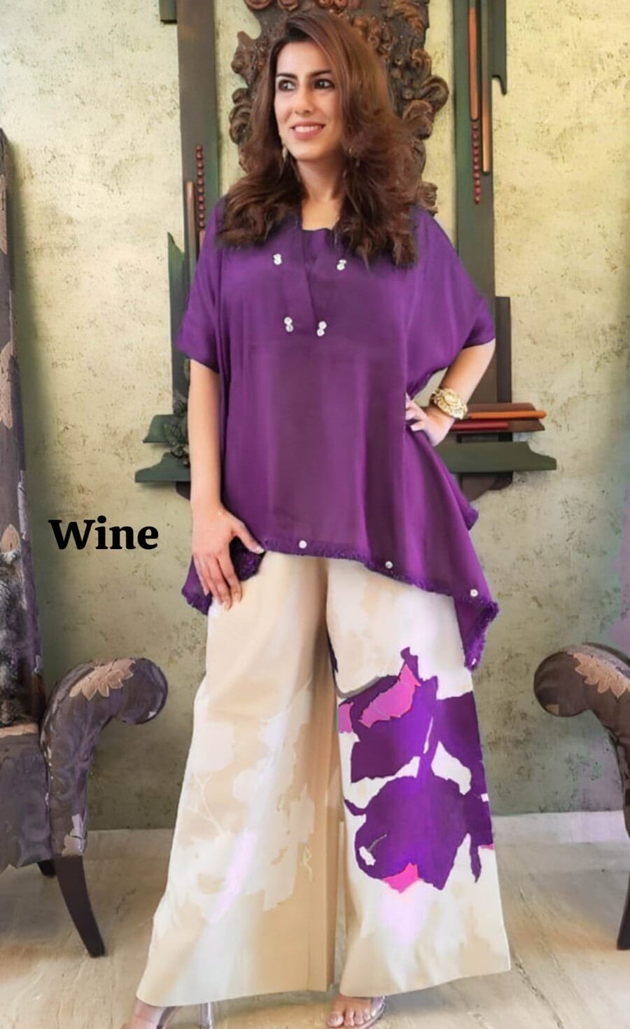 Designer Wine Kaftan Set