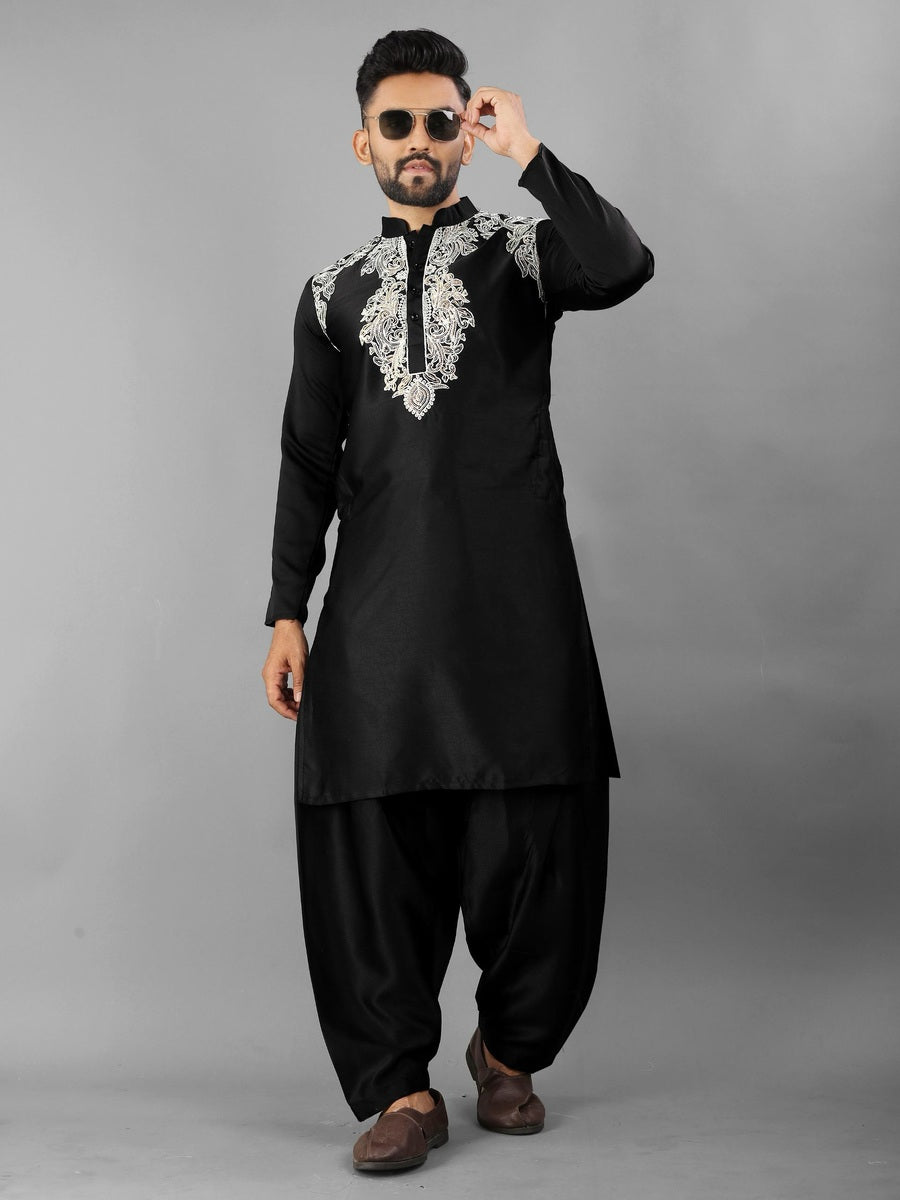 Royal Heritage Men's Embroidered Satin Silk Kurta Set