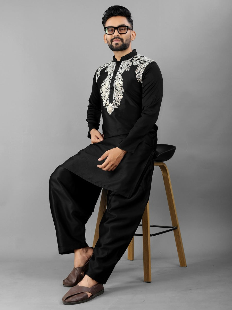 Royal Heritage Men's Embroidered Satin Silk Kurta Set
