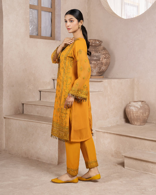 Elegant Pakistani formal outfit featuring a full embroidered chiffon shirt and dupatta with intricate zardozi work, paired with embroidered Malai fabric trousers. Available in small, medium, and large sizes from Riwaj Fashions.
