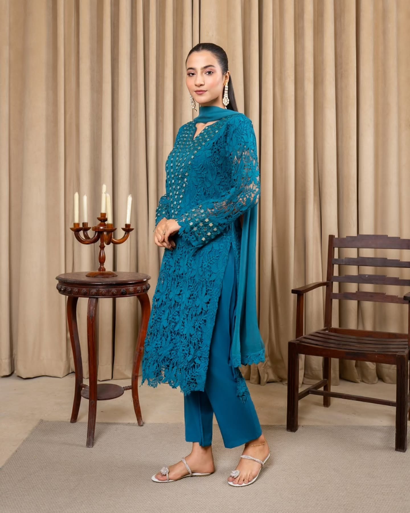 Azure Gleam Mirror Embroidered Cotton Net Kurta Set by Riwaj Fashions