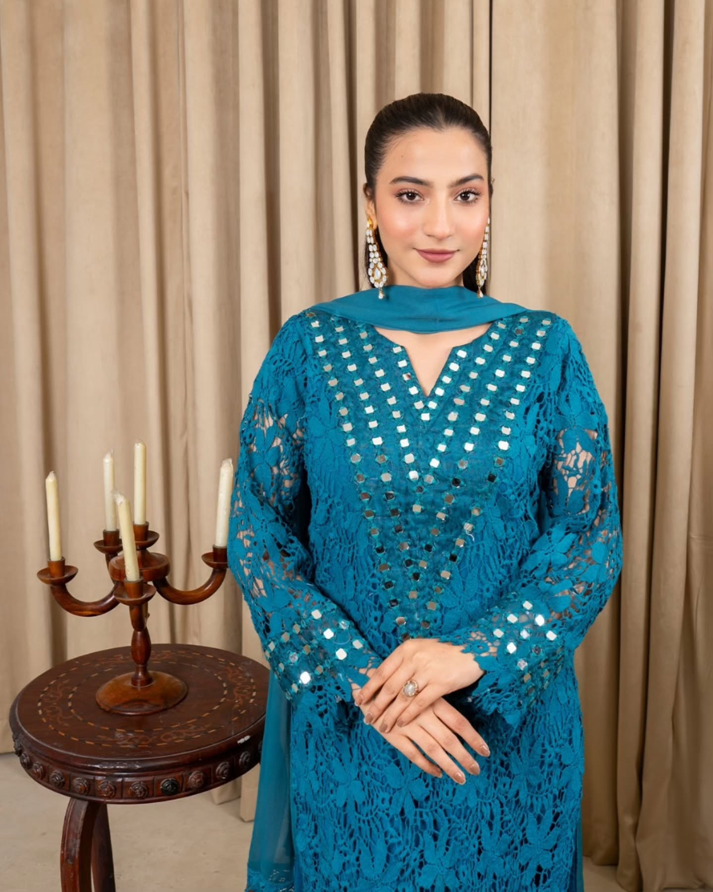 Azure Gleam Mirror Embroidered Cotton Net Kurta Set by Riwaj Fashions