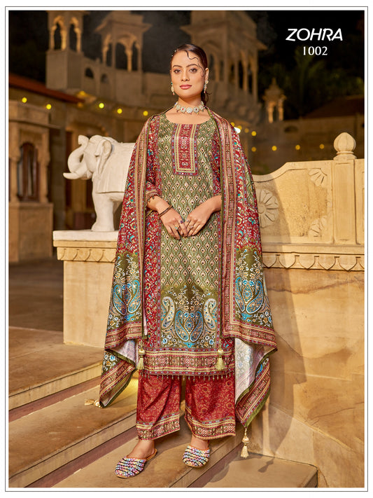 ZOHRA – Elegant Mirror Work Jam Satin Palazzo Set