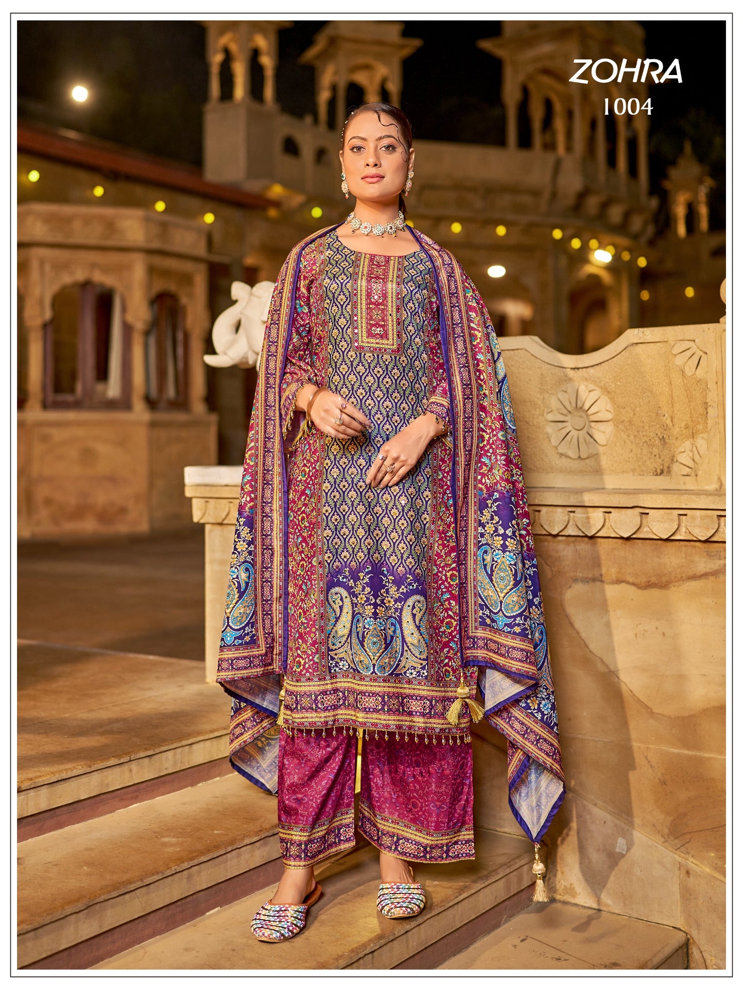 ZOHRA – Elegant Mirror Work Jam Satin Palazzo Set
