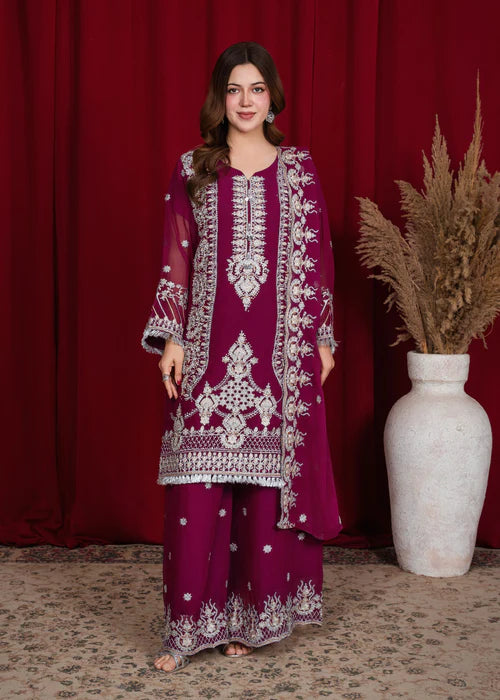 Noor-e-Zar by Riwaj Fashions – Purple Chiffon Party Wear 3 Piece Suit