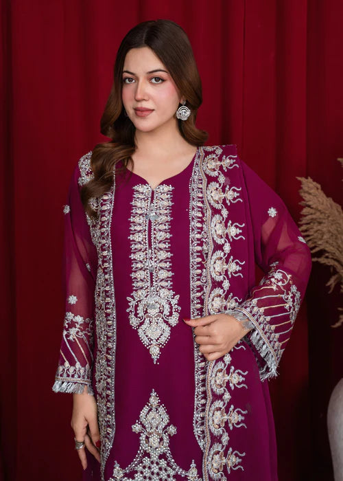 Noor-e-Zar by Riwaj Fashions – Purple Chiffon Party Wear 3 Piece Suit