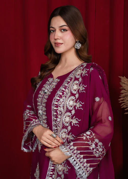 Noor-e-Zar by Riwaj Fashions – Purple Chiffon Party Wear 3 Piece Suit