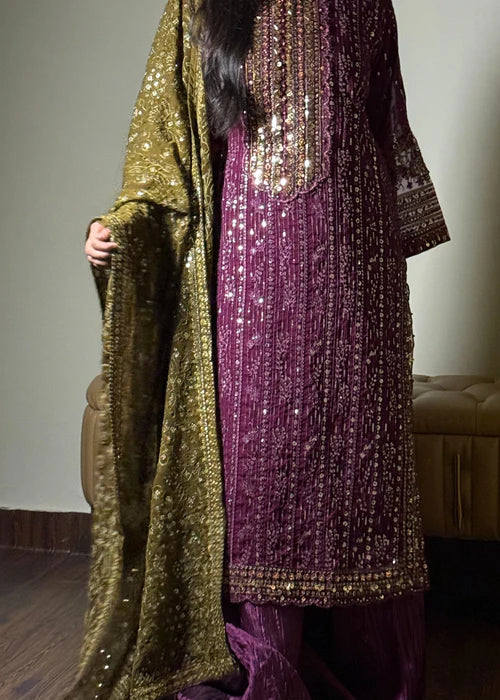 Mehr-un-Nisa Purple Chiffon Suit by Riwaj Fashions