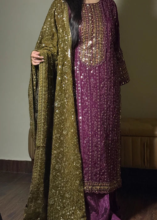 Mehr-un-Nisa Purple Chiffon Suit by Riwaj Fashions