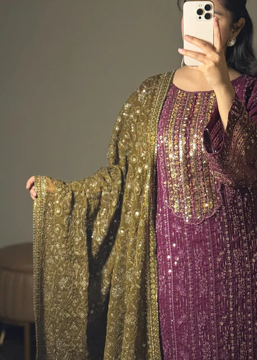 Mehr-un-Nisa Purple Chiffon Suit by Riwaj Fashions