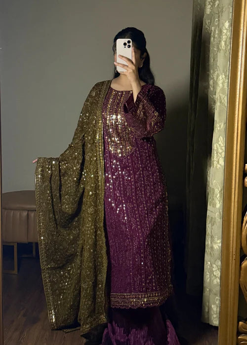 Mehr-un-Nisa Purple Chiffon Suit by Riwaj Fashions
