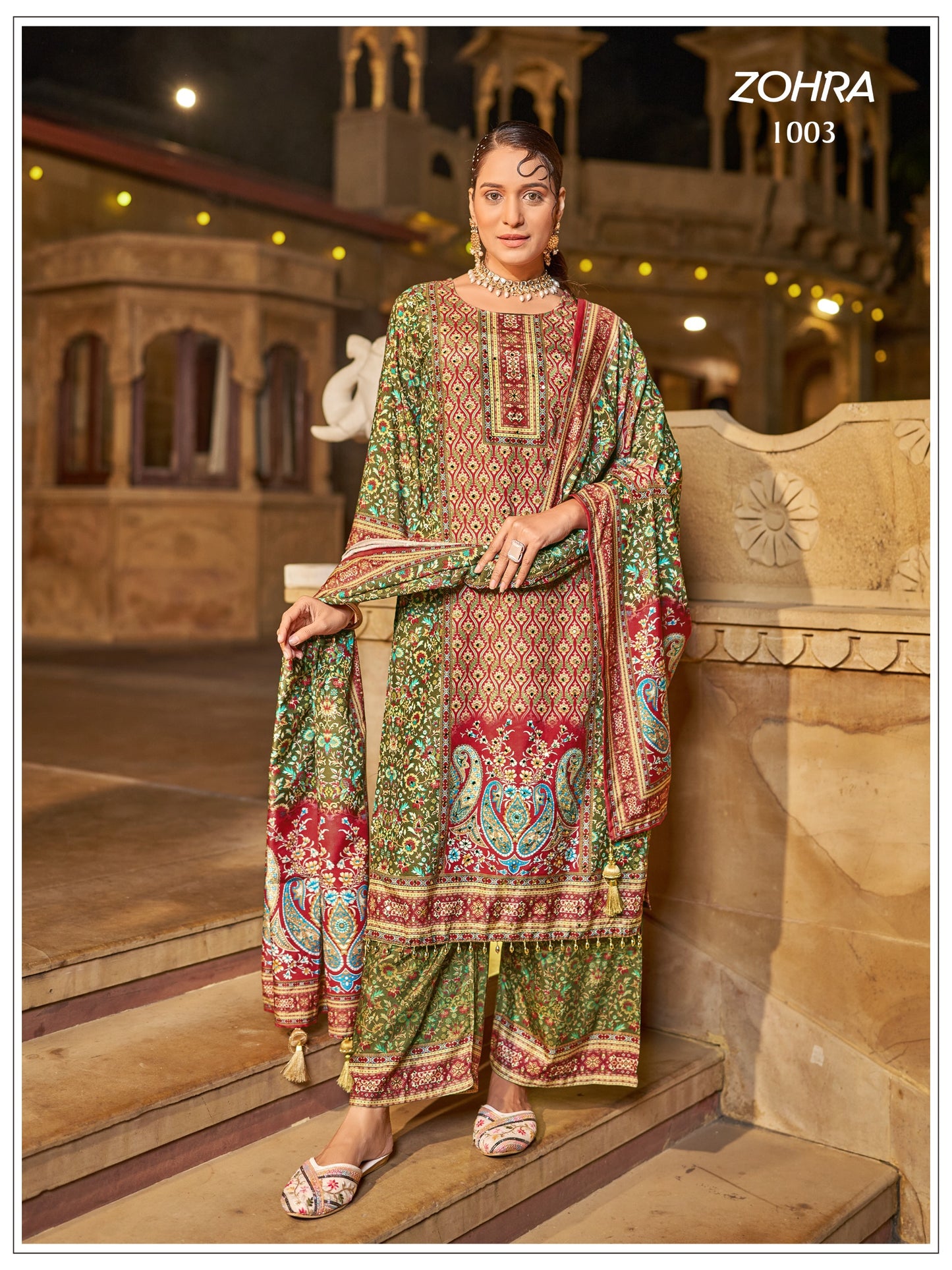 ZOHRA – Elegant Mirror Work Jam Satin Palazzo Set