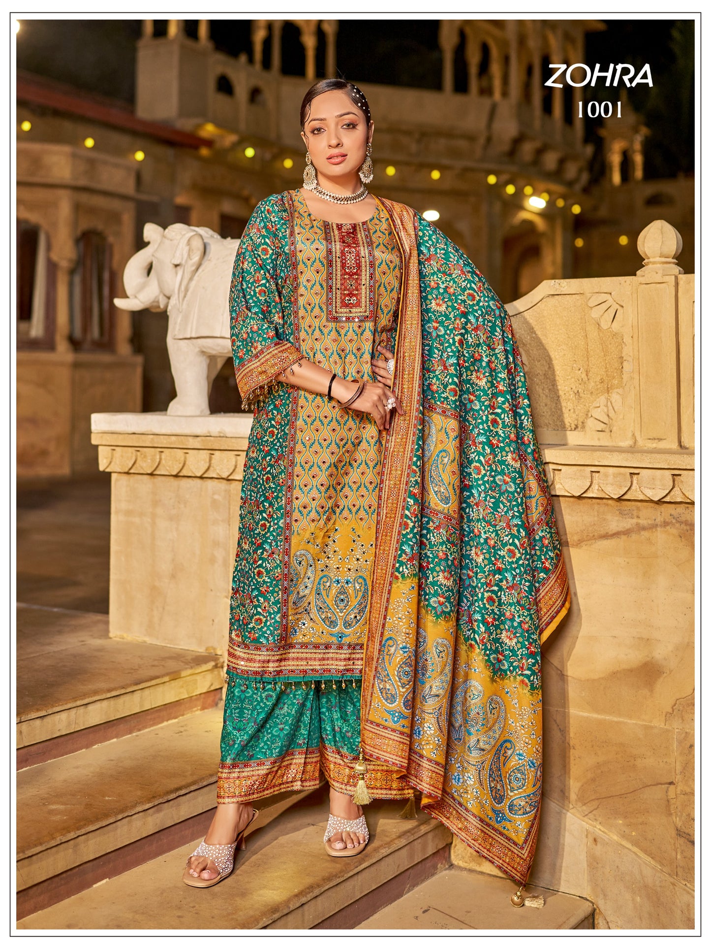 ZOHRA – Elegant Mirror Work Jam Satin Palazzo Set