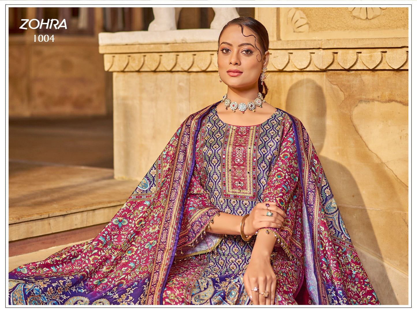 ZOHRA – Elegant Mirror Work Jam Satin Palazzo Set