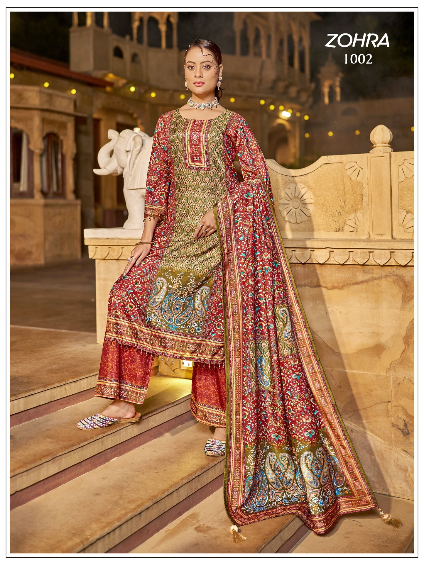 ZOHRA – Elegant Mirror Work Jam Satin Palazzo Set