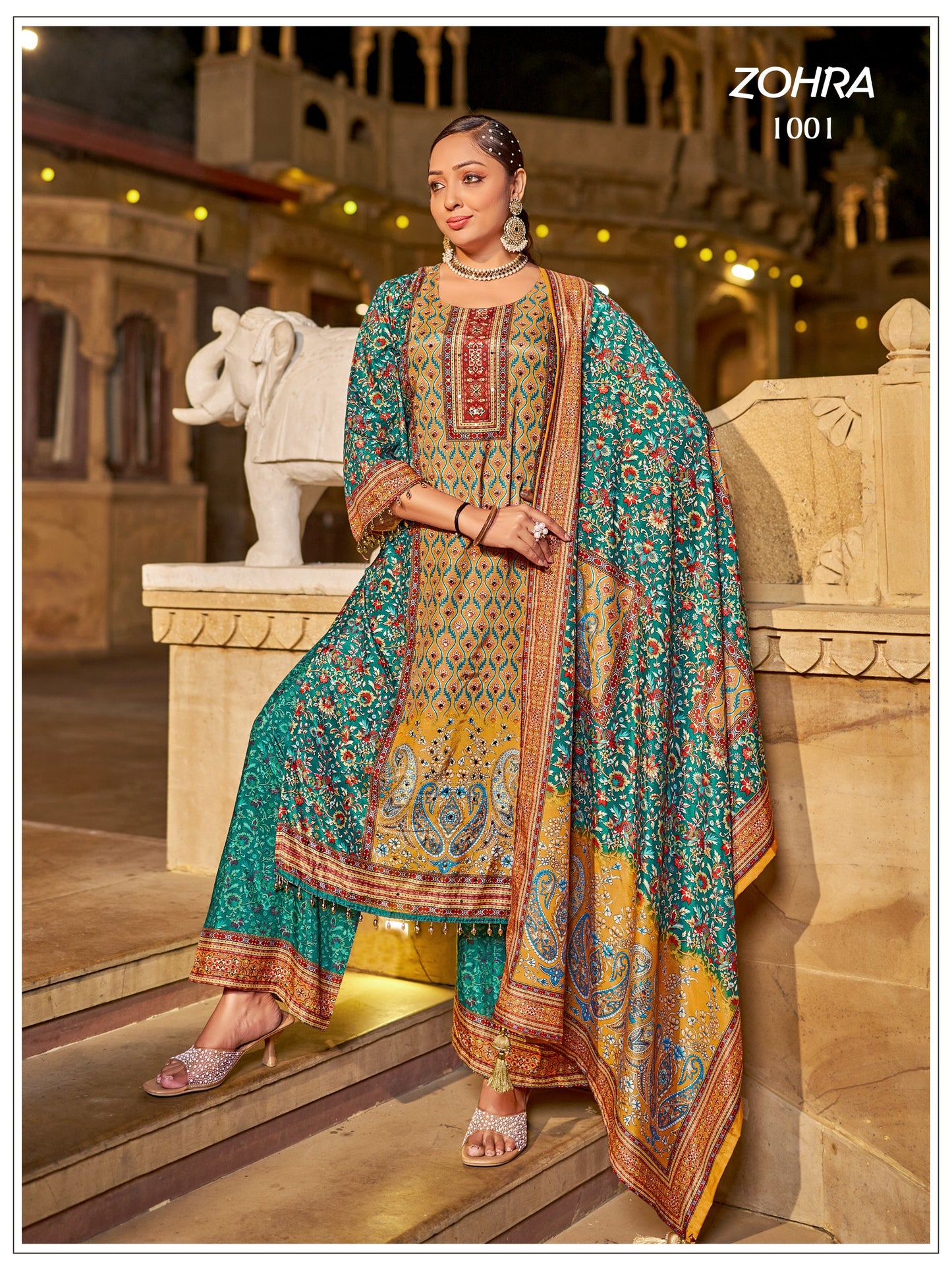 ZOHRA – Elegant Mirror Work Jam Satin Palazzo Set