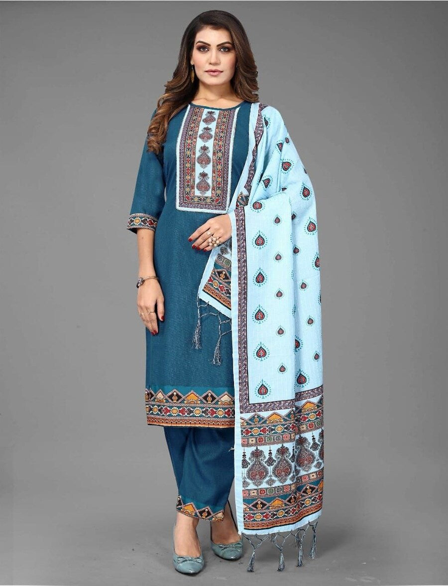 Chic Comfort Printed Lace Work Cotton Kurti Set