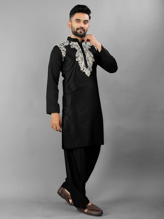 Royal Heritage Men's Embroidered Satin Silk Kurta Set
