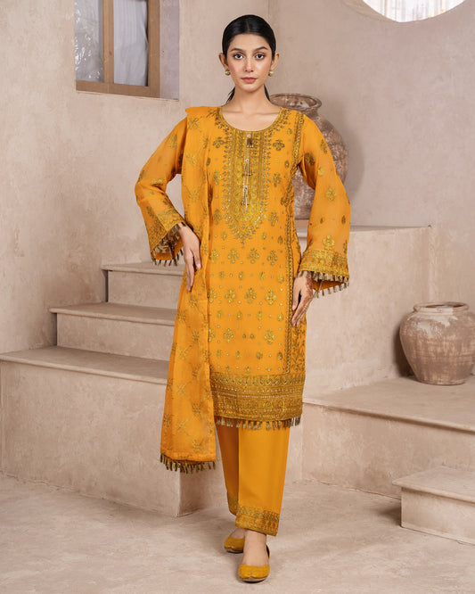 Elegant Pakistani formal outfit featuring a full embroidered chiffon shirt and dupatta with intricate zardozi work, paired with embroidered Malai fabric trousers. Available in small, medium, and large sizes from Riwaj Fashions.