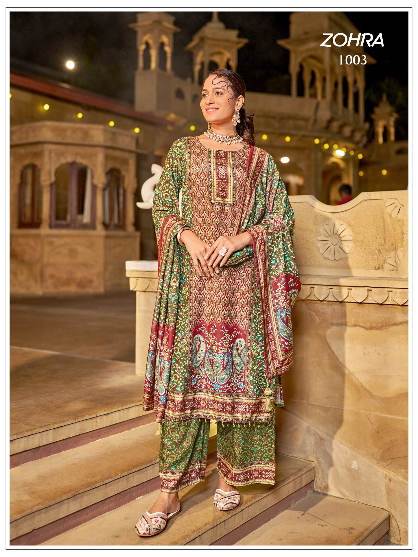 ZOHRA – Elegant Mirror Work Jam Satin Palazzo Set