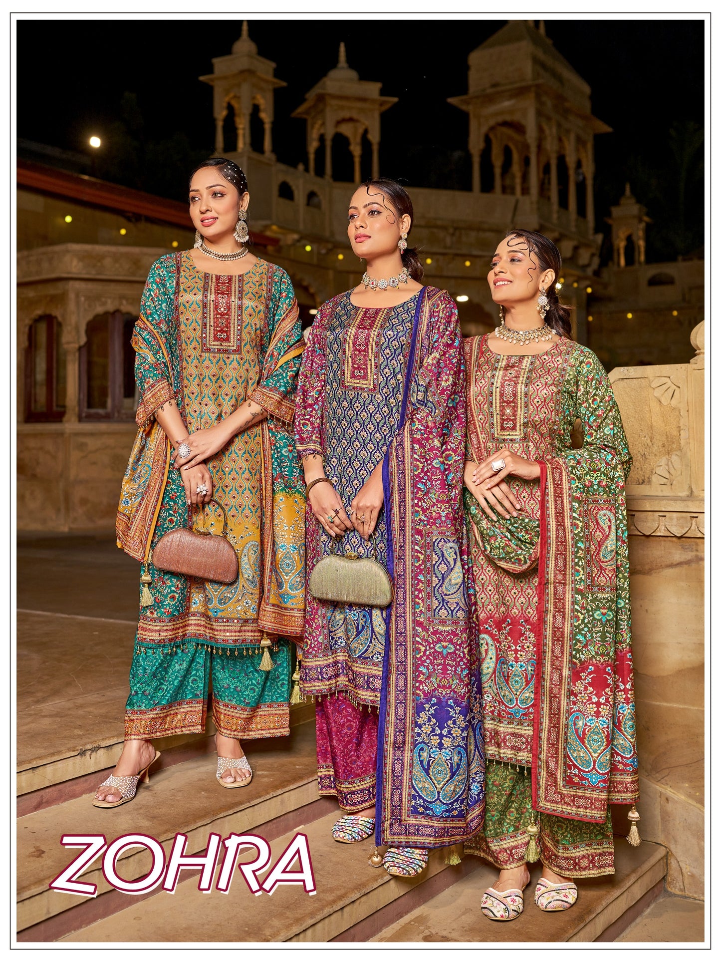 ZOHRA – Elegant Mirror Work Jam Satin Palazzo Set