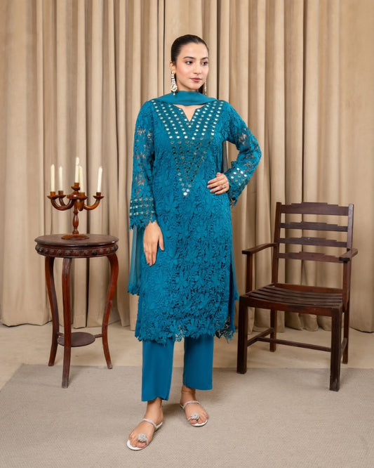 Azure Gleam Mirror Embroidered Cotton Net Kurta Set by Riwaj Fashions