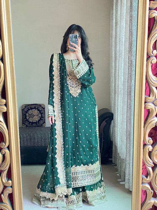 Zeenat-e-Mehfil Bottle Green by Riwaj Fashions